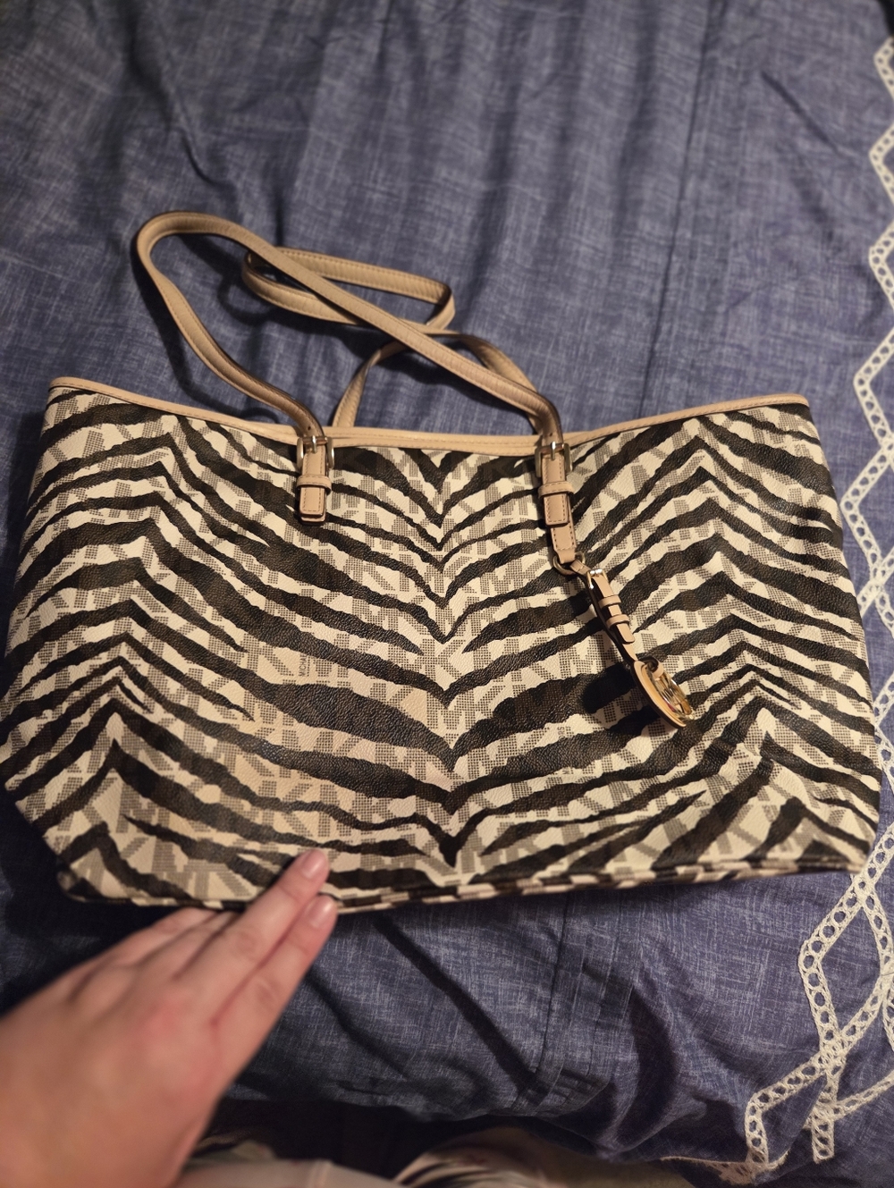 Michael Kors Zebra Print Canvas Tote Bag with Tan Trim